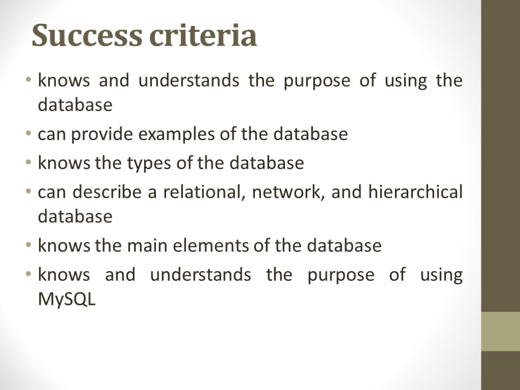 Success criteria knows and understands the purpose of using the database can provide examples